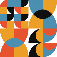 Poster - Geometric abstract vector seamless pattern with circles, rectangles and squares in retro Bauhaus style. Pastel colored simple shapes graphic background.