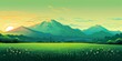 A Cartoony Landscape of a Green Field and Mountains. 