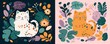 © FrameFlow - Beautiful cute cards with baby leopard, flowers, abstract shapes and leaves, Generative AI