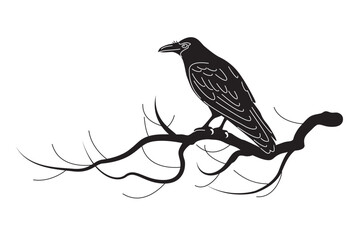 Wall Mural - Black Raven Sitting on Tree Branch.