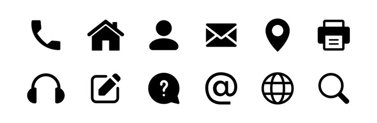 contact us icon set. web icons , home, call, location, globe, world, message, mail, envelope, headph