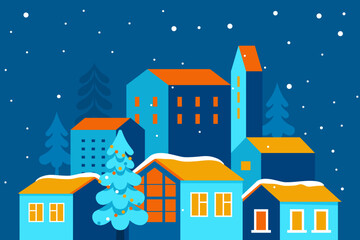 Aufkleber - Vector illustration in trendy flat simple style - Merry  Christmas and Happy New Year greeting card and banner - winter landscape with houses