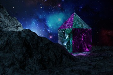 Wall Mural - 3d render, glowing space portal on the dark environment. red and blue portal. sci fi landscape mystic ambiance. 