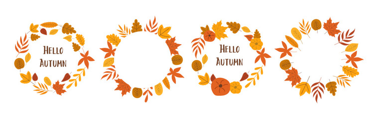 Wall Mural - Hello autumn wreath set with beautiful  leaves. Hand draw vector illustration.