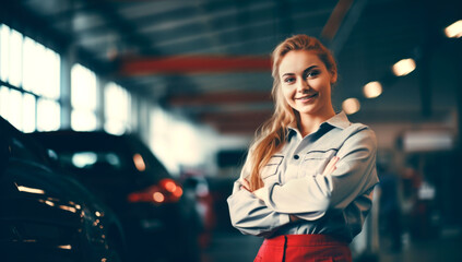 Wall Mural - A woman repairing a car at a service station. Generated with AI