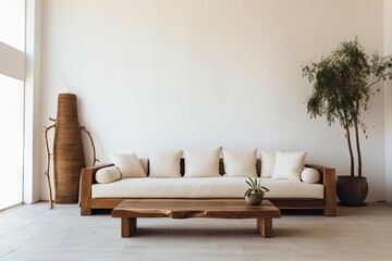 Wall Mural - The living room has a contemporary design with a fabric couch, a side table, and a vacant white wall. The floor is made of wood.
