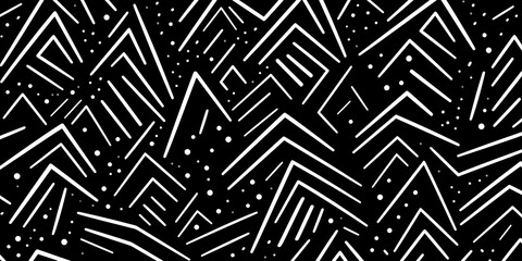 Wall Mural - Seamless whimsical abstract hand drawn playful geometric polygon stripe doodle pattern. Trendy black and white diamond geode landscape line art drawing background. Simple monochrome, Generative AI