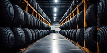 Car Tires At Warehouse. Generative AI.