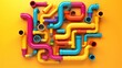 Colorful 3D illustration of various types of intertwined pipes on yellow background
