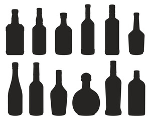 Wall Mural - Alcohol bottles monochrome set silhouette