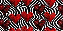 Seamless Zebra Or Tiger Stripe Hearts Playing Card Suit Pattern. Black, Red And White Valentine's Day Psychedelic Opart Wallpaper Design Love Motif. Gaming, Gambling Or Poker Background, Generative AI
