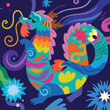 Fototapeta  - Cute bright abstract Chinese Zodiac Dragon among the stars and fireworks
