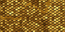 Seamless Gold Snake Or Dragon Scales Background Pattern. Golden Tileable Texture Of A Mermaid Tail, Fish Squama Or Lizard Skin In Shiny Metallic Yellow. A High Resolution Backdrop 3D, Generative AI