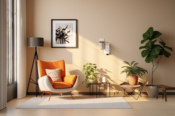 Canvas Print - The sunny and well lit living room features a white toilet, a stylish armchair, a frame for a mock up poster, a carpet, various decorations, a vinyl recorder, and personal accessories. This space