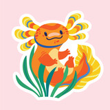 Fototapeta  - Cute cartoon axolotl, amphibian creature. Vector sticker