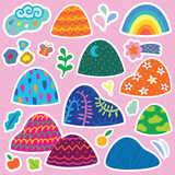 Fototapeta  - Sticker set of rainbow decorative round shape hills and mountains. Vector illustration