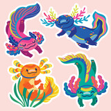Fototapeta  - Sticker set of cute cartoon axolotls, amphibian creatures