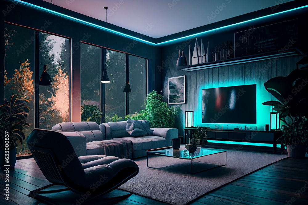 Living room interior with panoramic window at night time with neon ...