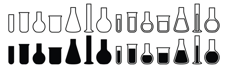 Laboratory test tube icons set. Science lab icon. Chemistry, medicals, chemical, lab flask icon symbol in line and flat style. Various kinds of laboratory tubes. Vector illustration