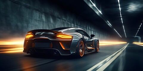 Wall Mural - Futuristic Sports Car On Highway. Powerful acceleration of a supercar on a night track with lights and trails. 3d illustration. Generative Ai.