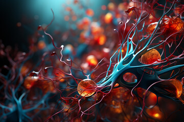 Poster -  Abstract representation of neurons' weaving connections, signifying the intricate network within the brain.Generative AI technology.