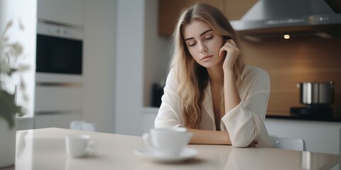 Sleepy young woman drinks coffee, feels tired, suffers from insomnia and sleep disorder.