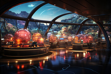 Poster -  A view of the large complex of the Foundation's laboratories, where scientists work on preserving and assimilating knowledge. Generative AI technology.
