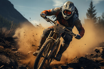 Aufkleber - a cyclist person riding a mountain bike in the wildlife nature mountains and hills. Generative AI technology.