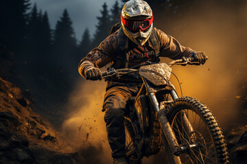 Aufkleber - a cyclist person riding a mountain bike in the wildlife nature mountains and hills. Generative AI technology.