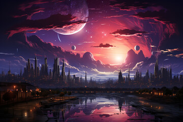 Aufkleber -  a wallpaper illustration of a night cityscape in anime neo crisp style. neon flat colors. nightsky with a big shiny moon and clouds with skyscrapers. Generative AI technology.