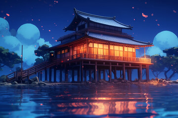 Aufkleber -  a beautiful japanese house at sea water in the late evening. anime cartoonish artstyle. cozy lofi asian architecture. moon shining in the dark sky.  Generative AI technology.