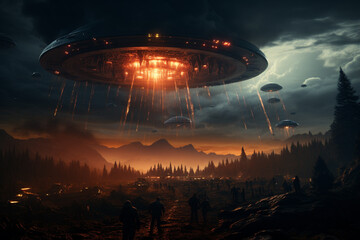Wall Mural - mysterious aliens creatures standing in front of unidentified flying object (ufo) on the planet eart
