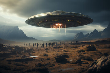 Aufkleber -  mysterious aliens creatures standing in front of unidentified flying object (ufo) on the planet earth. Generative AI technology.