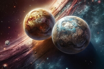 Poster - An interstellar image where a yin yang is formed by celestial bodies like stars and planets, symbolizing cosmic harmony.  Generative AI technology.
