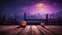 Illustration Of A Spooky Halloween Pumpkins On A Rustic Wooden Walkway