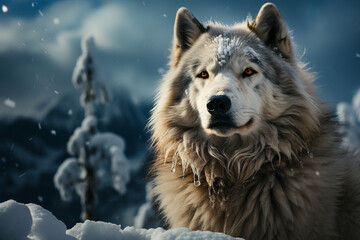 Poster - An atmospheric photograph of a lone snow husky standing amidst a snowstorm, capturing the solitude and resilience of these dogs.  Generative AI technology.
