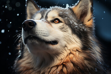 Aufkleber -  A charming close-up shot of a snow husky playfully touching its cold nose to its owner's face, evoking a sense of warmth and companionship.  Generative AI technology.