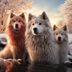 Aufkleber - A serene capture of snow huskies resting by a frozen lake, surrounded by a serene and wintry landscape.  Generative AI technology.