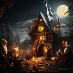 Fototapete - A heartwarming scene of elves eagerly watching the clock and counting down to Christmas Eve, capturing the excitement of the night before the big day. Generative AI technology.