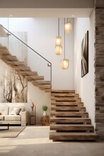 Amazing Interior Design Of A Modern And Luxurious Apartment With Wooden Stairs And Beautiful Walls.