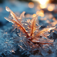Aufkleber -  A photograph of frost patterns illuminated by the soft morning sunlight, creating a warm contrast against the icy backdrop.  Generative AI technology.