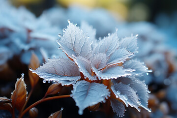 Poster -  A close-up shot of frost patterns resembling intricate fractals, showcasing the mathematical beauty of nature's formations.  Generative AI technology.