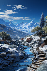 Aufkleber - A panoramic view of a landscape covered in frost, with trees, grass, and structures all transformed into a glistening winter wonderland.   Generative AI technology.