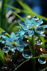 Aufkleber -  An artistic image of frost forming on dewdrops suspended on grass, capturing the moment of crystallization. Generative AI technology.