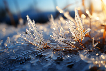 Leinwandbilder - A scene of frost patterns casting delicate shadows on a frost-covered surface, adding depth and dimension.   Generative AI technology.