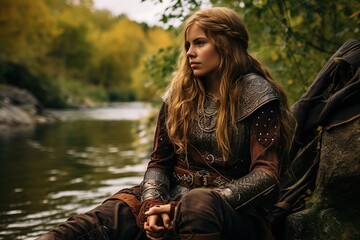 A Woman Viking Resting near a Lake after Fighting.