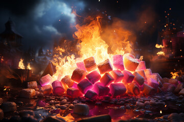 Aufkleber - An atmospheric image of a campfire surrounded by marshmallows, embodying the camaraderie of outdoor gatherings. Generative AI technology.