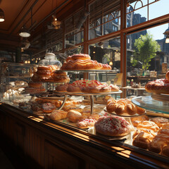 Aufkleber - A bakery display showcasing an array of pastries filled with marmalade, enticing passersby with their colorful allure.  Generative AI technology.