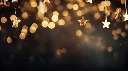 golden christmas star on bokeh black background. xmas card with gold star shining discretely on a da