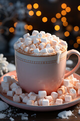 Wall Mural - An inviting image of a steaming mug of hot chocolate topped with fluffy marshmallows, evoking warmth and comfort. Generative AI technology.